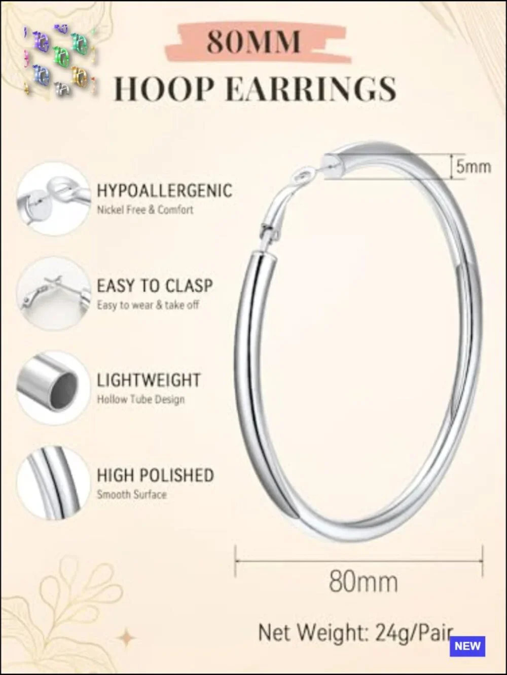 Chunky Hoop Earrings 5mm Thick Hollow Tube Hypoallergenic Lightweight Gift Box